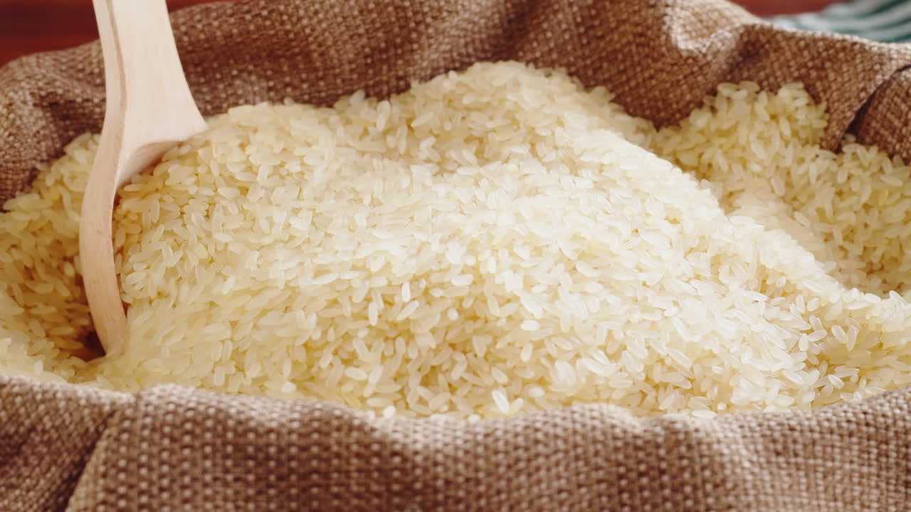 Rice grains being scooped from a burlap sack