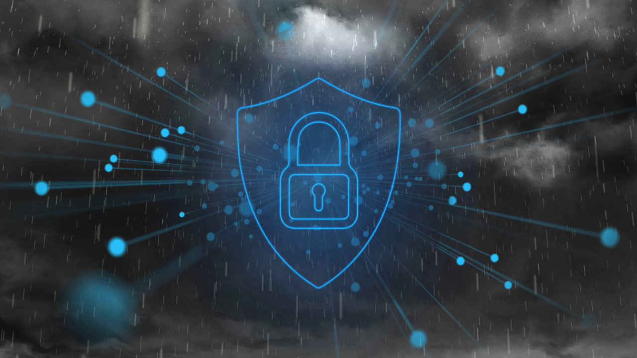 Security shield and padlock icon and blue light trails against rain and dark clouds in the sky