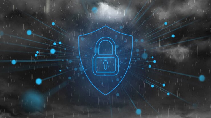 Security shield and padlock icon and blue light trails against rain and dark clouds in the sky