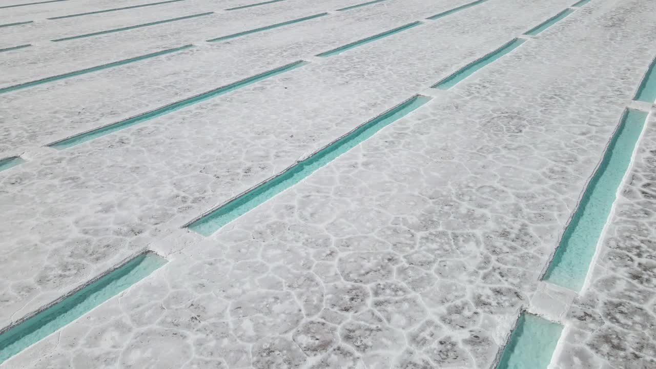 toma aérea de drones de salinas argentinas con piscinas de agua verde azulado con una superficie blanca, gris y negra