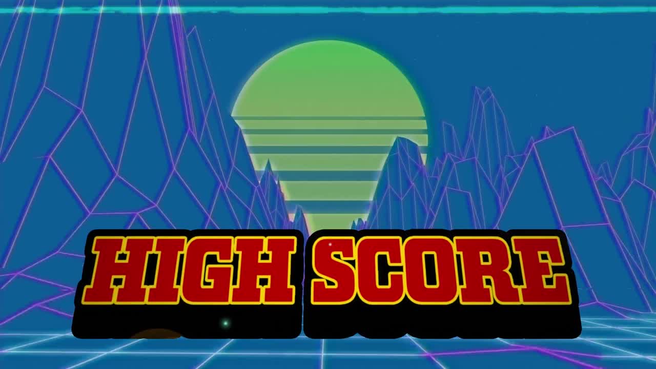 태양과 메타버스 풍경을 가진 파란색 공간에서 높은 점수의 애니메이션