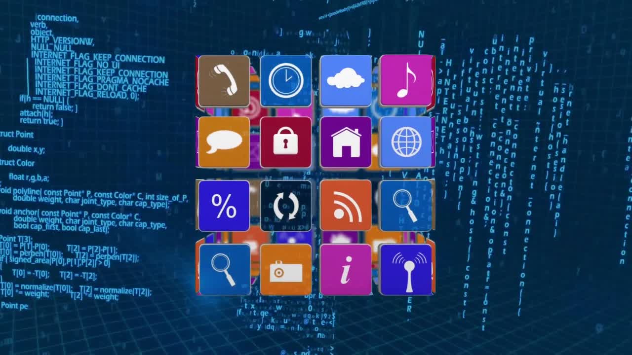 Internet icons on a cube with binary codes