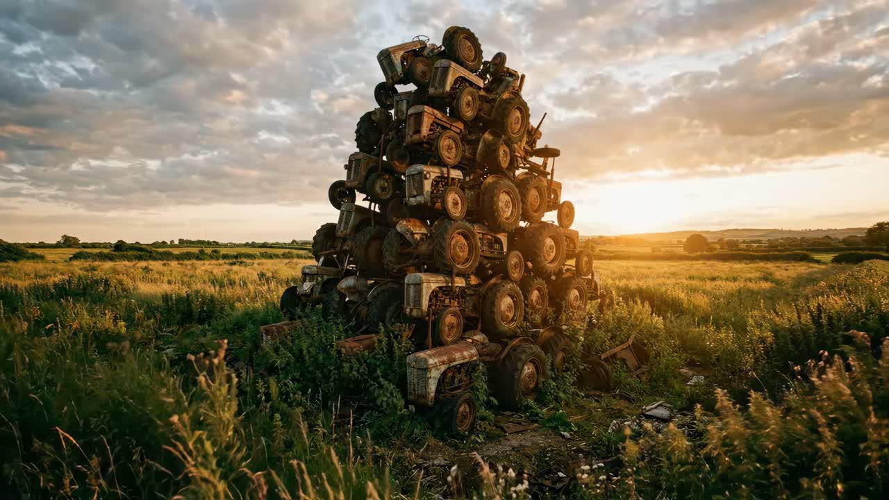 Grande cumulo di vecchi trattori arrugginiti in un campo rurale al tramonto