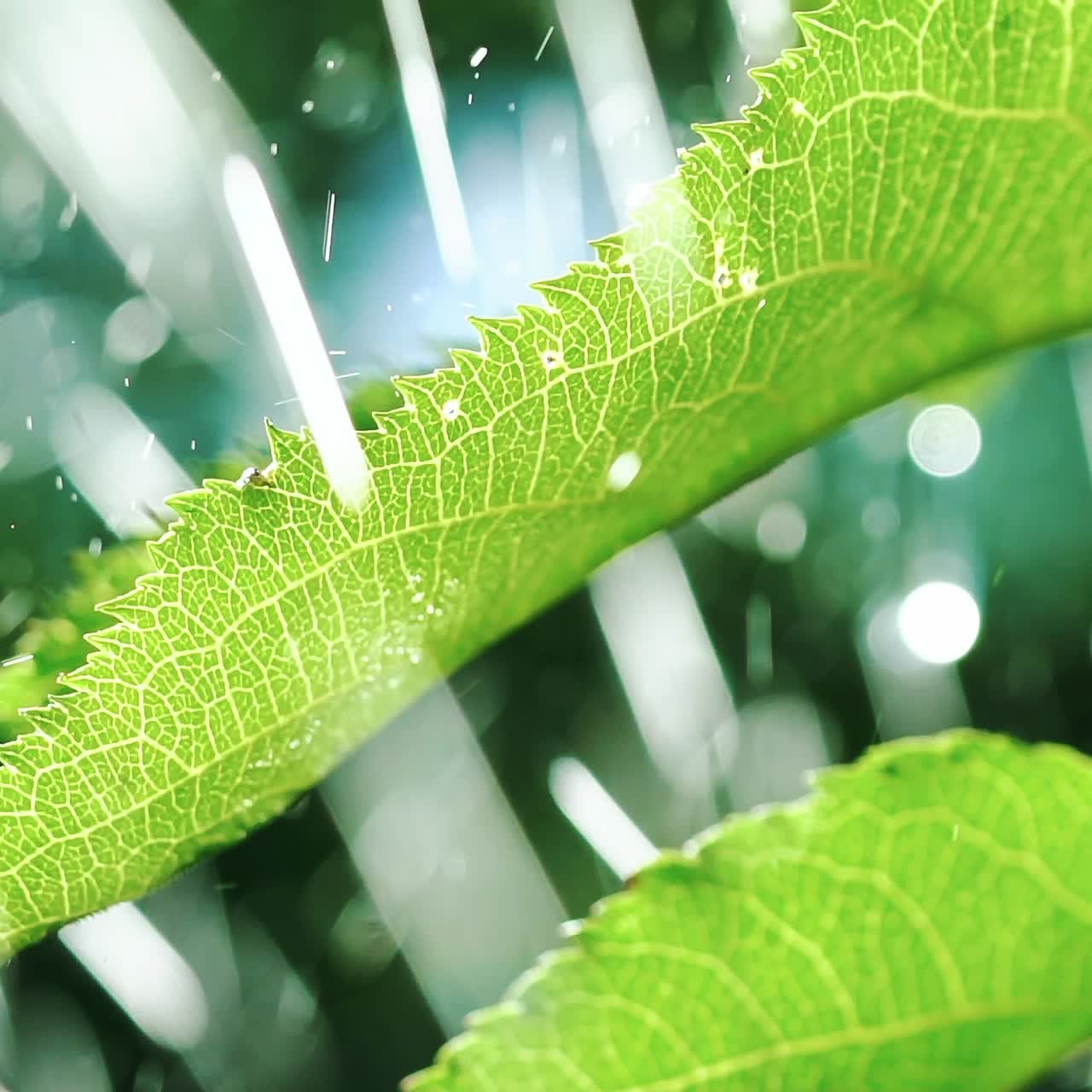 green leaves of plants are saturating with water in the summer in the garden. Drops of water are falling on the leaves of trees. Irrigation of plants. Slow motion