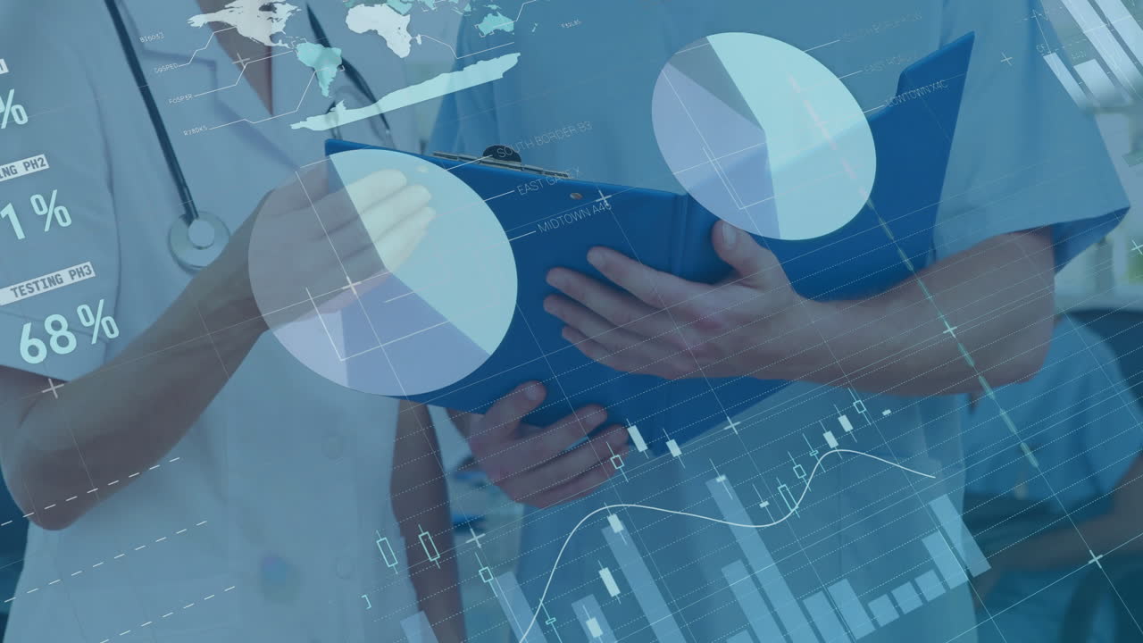 Animation of data processing and diagrams over caucasian doctors holding clipboard in hospital