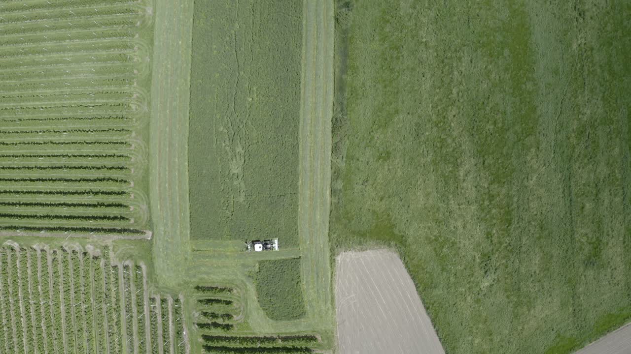 tractor moviéndose en un gran campo de hierba en tirol del sur, vista superior aérea
