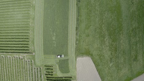 tractor moving on large grass field in south tyrol, aerial top view