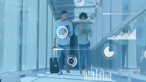 animation of statistical data processing against diverse man and woman discussing in office corridor