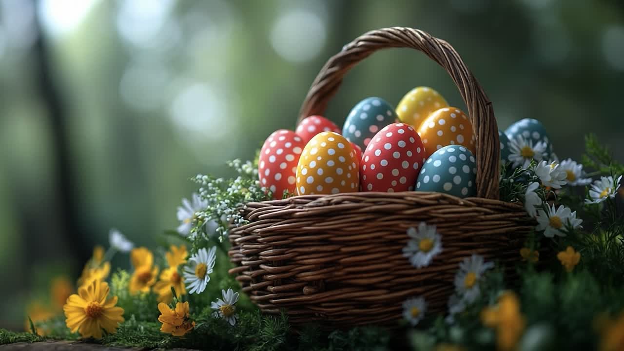Colorful eggs in a woven basket outdoors. A woven basket filled with brightly colored eggs rests among blooming flowers in a lush outdoor setting.
