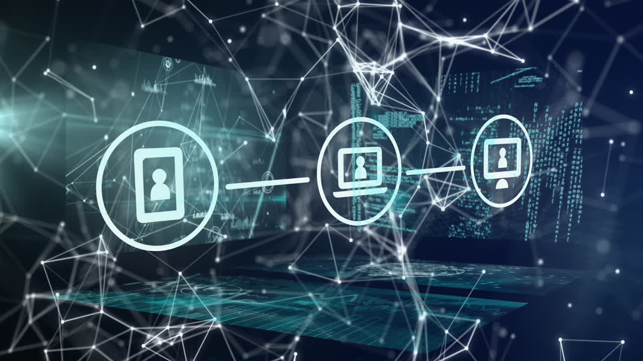 Digital icons over network of connections against screens with data processing on blue background