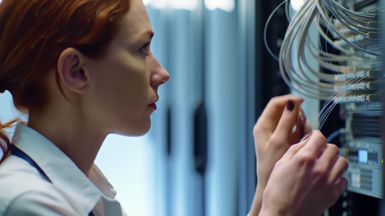 Woman Technician Working on Server Rack