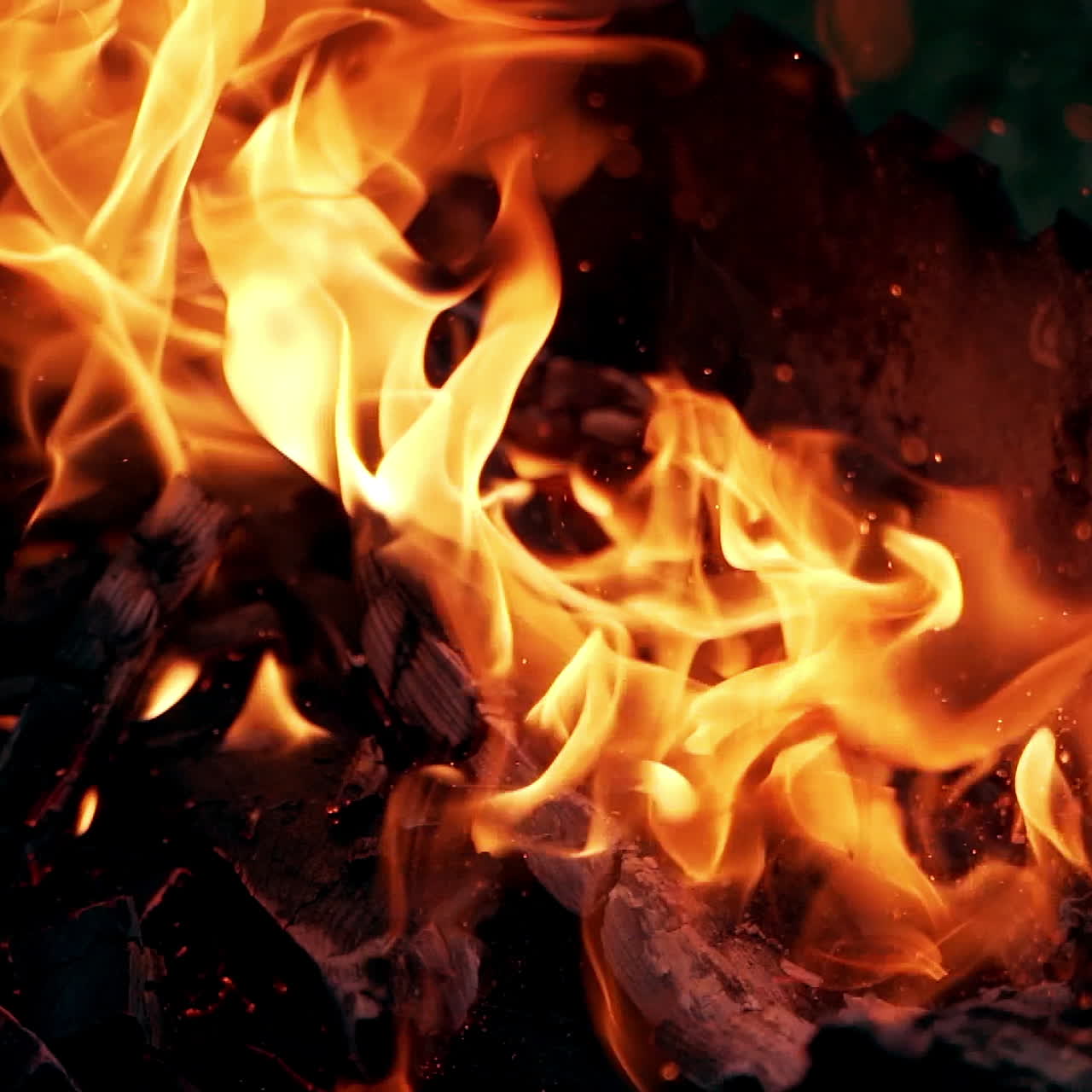 Burning Log Fire Flames in the grill. Beautiful fire burns brightly. Embers of the fire climb up. Slow motion