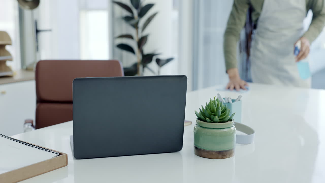 Person, office and cleaning desk in service