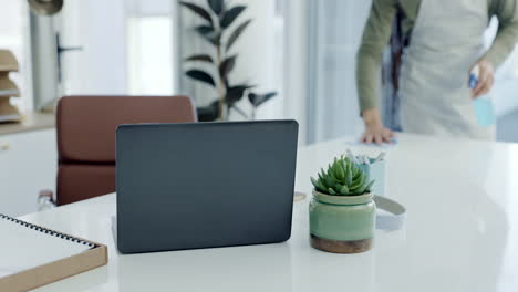 person, office and cleaning desk in service