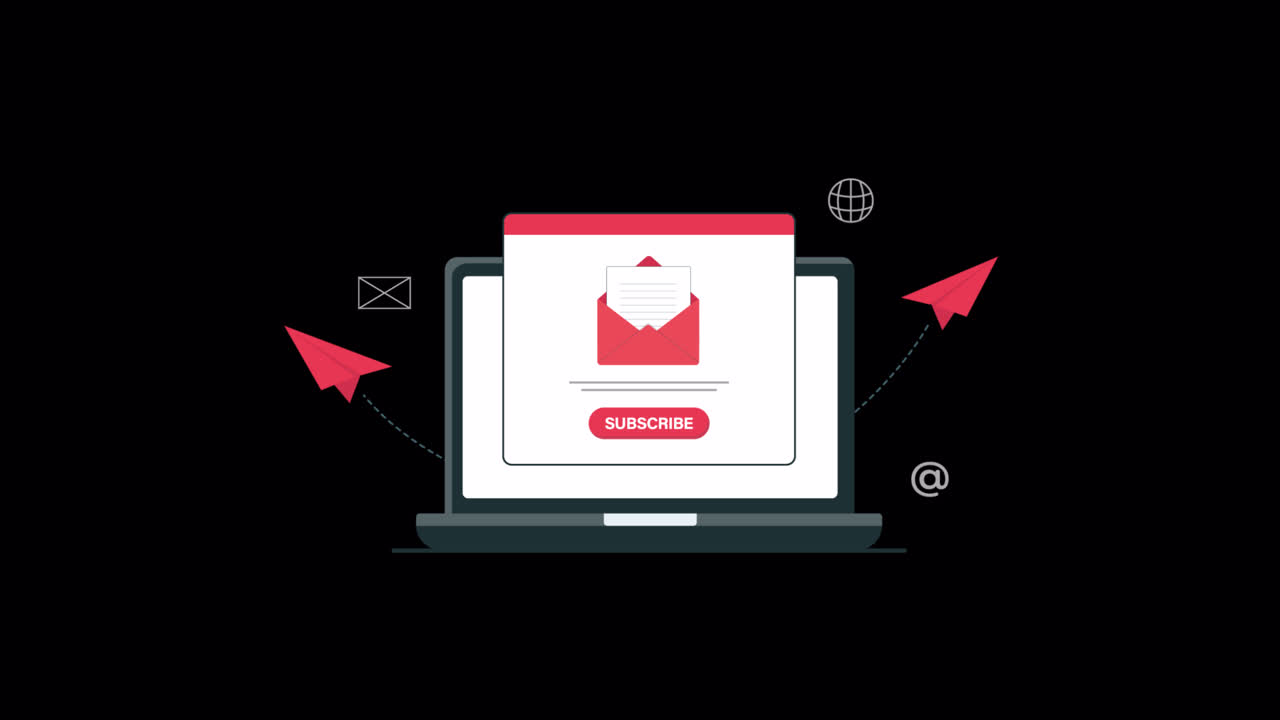 Laptop Animato con Iscrizione Email e Icone di Marketing Digitale