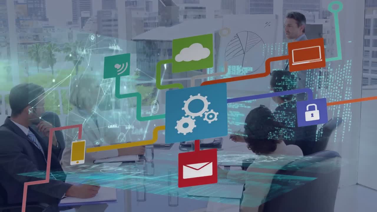 animación de la red de conexiones con iconos sobre diversas personas de negocios en la oficina
