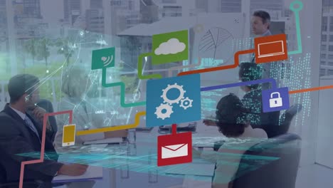 Animation of network of connections with icons over diverse business people at office