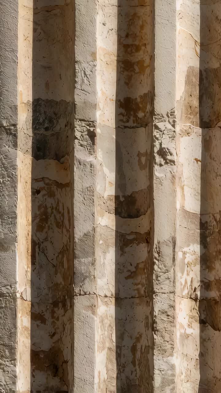 Vertical video: Starting camera panning fluted stone showing grooves mortar stains shadows for wear