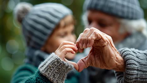 an elderly woman making a heart shape with her hands