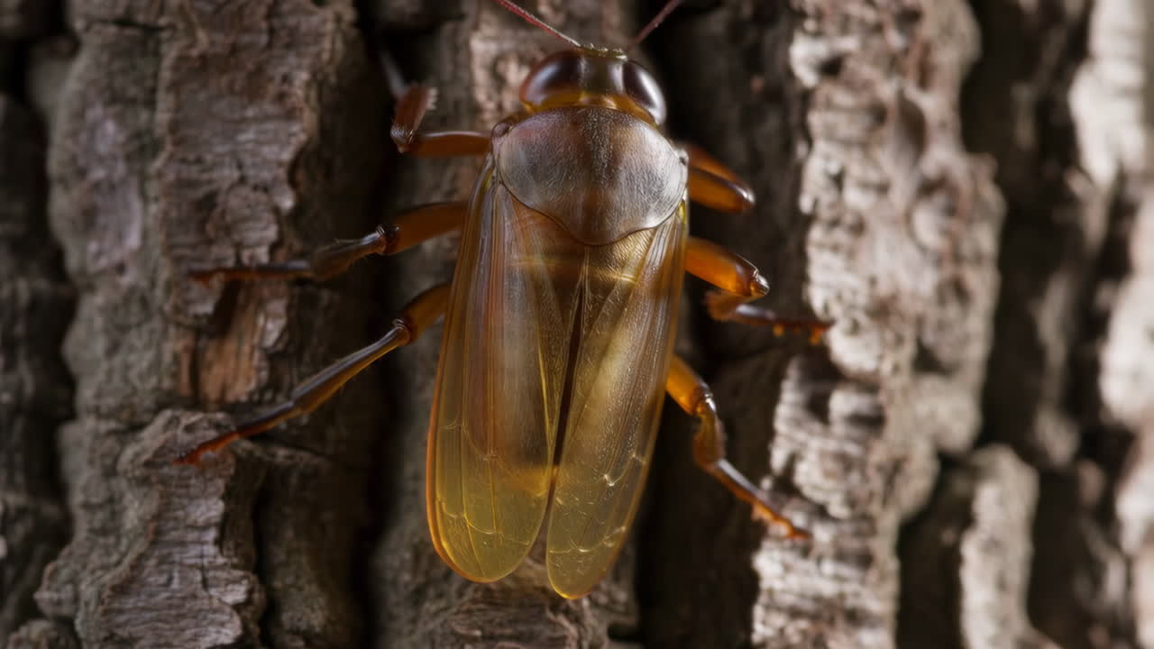 A close-up view of a large insect, possibly a cockroach, clinging to textured tree bark