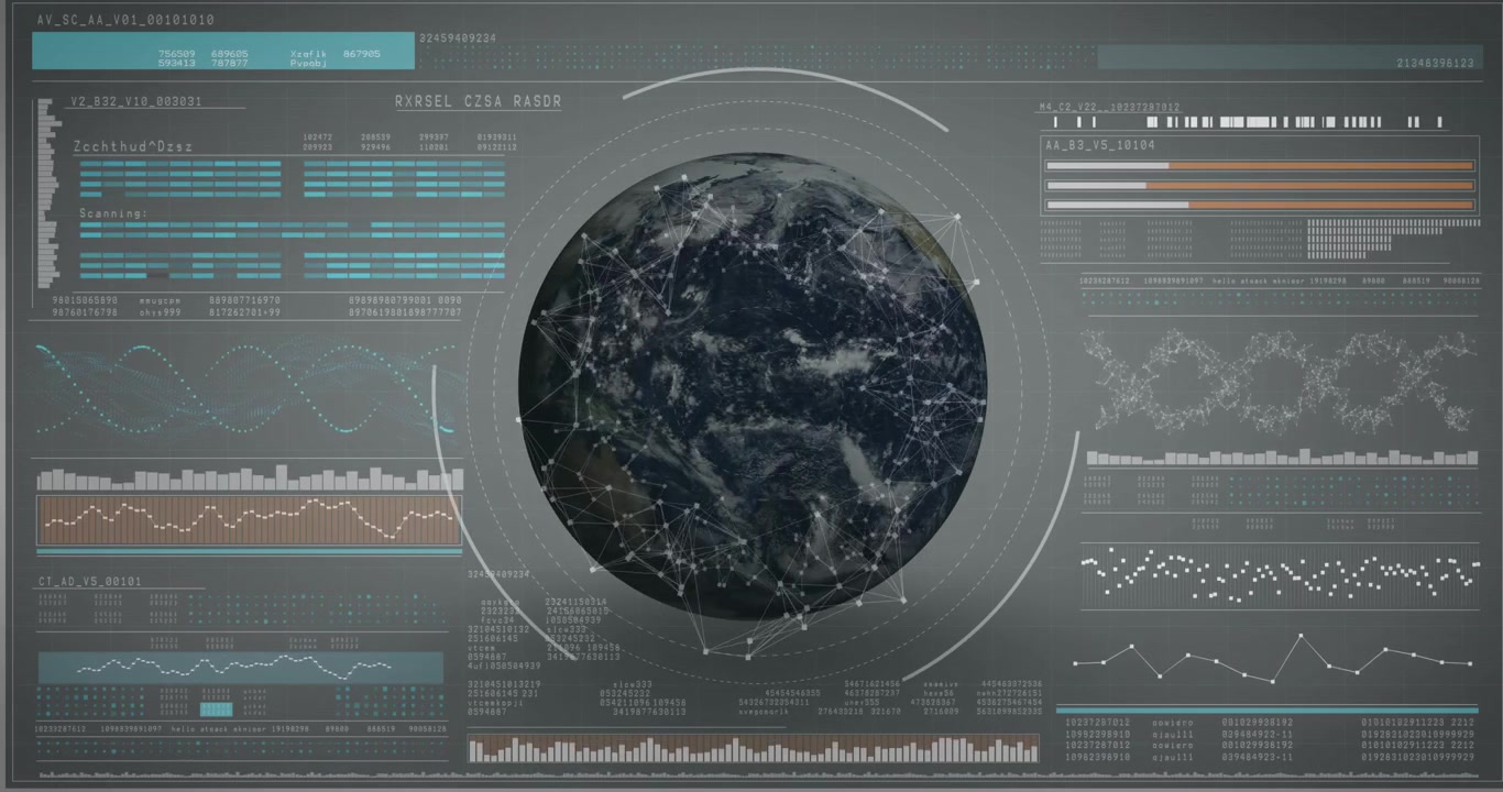 Receiving data feed, digital globe rotating with nodes mapping real-time data network