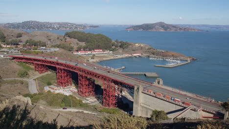 us 101 highway with bay area discovery museum and marina in the distance in california, usa