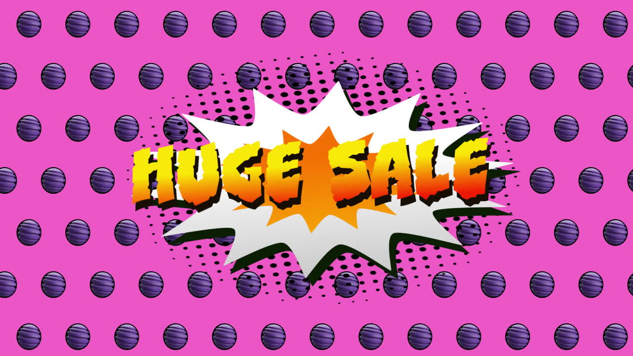 animación de un enorme texto de venta sobre un fondo de patrón vibrante retro