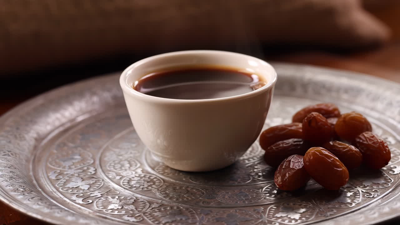 Traditional Arabic Coffee and Dates on an Ornate Metal Tray