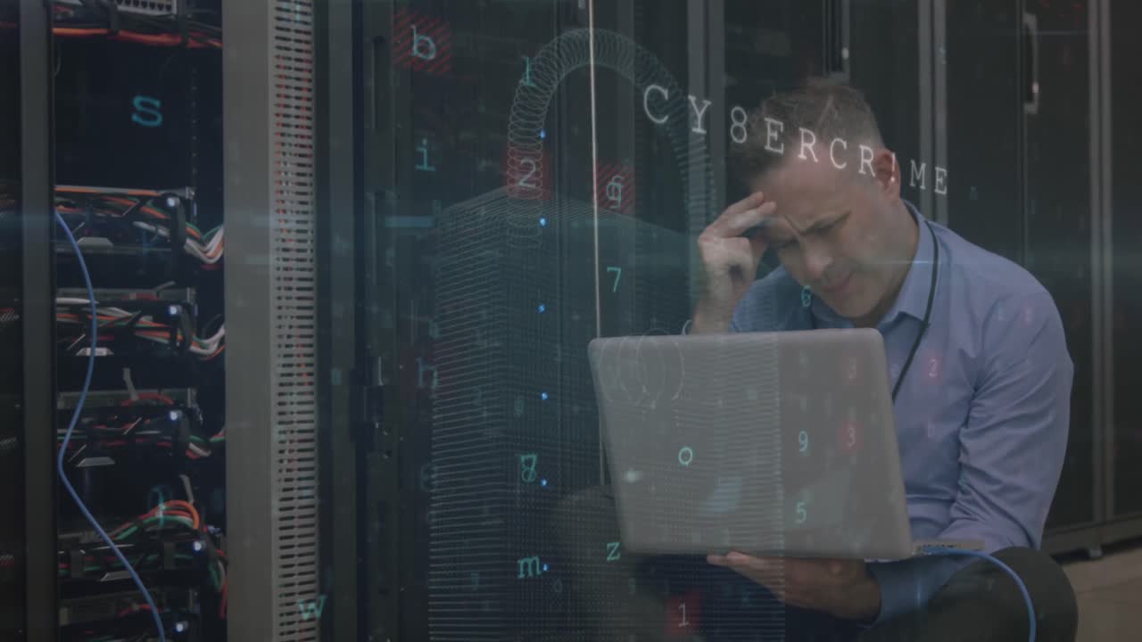 Animation of data processing over caucasian server room worker