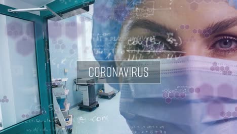 Animation-of-coronavirus-text-over-caucasian-female-doctor-with-face-mask