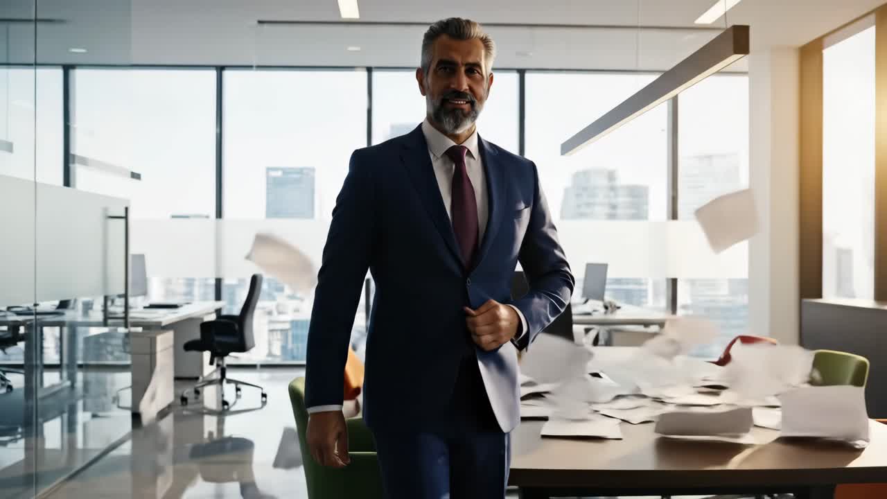 Businessman in Suit in Modern Office with Scattered Papers
