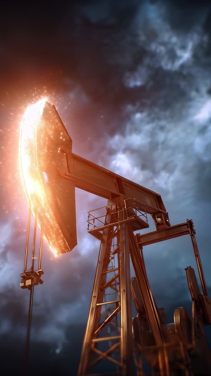 Oplyst olieboreplatform under stormfuld himmel, der viser et elektrisk energistød med gnister og atmosfærisk spænding i et industrielt landskab.