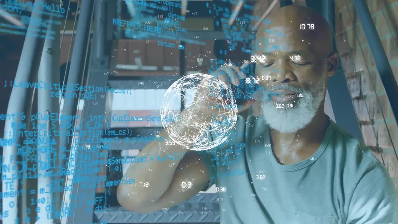 Animation of computer language and numbers around globe, african american man talking on cellphone