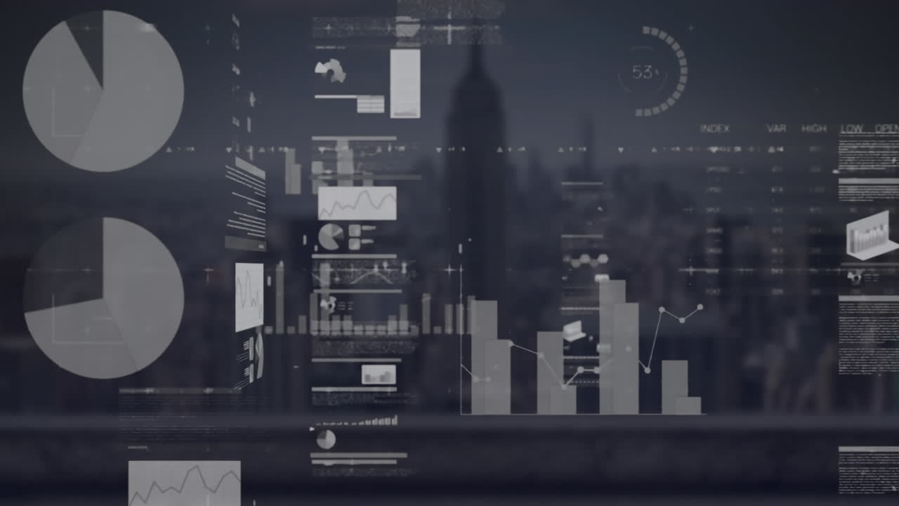 Animation of multiple graphs, loading circle over modern city in background