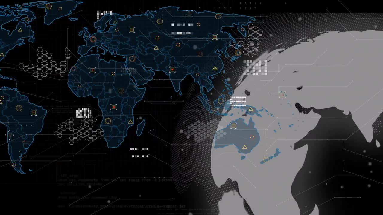 Animation of data processing over globe and world map on black background