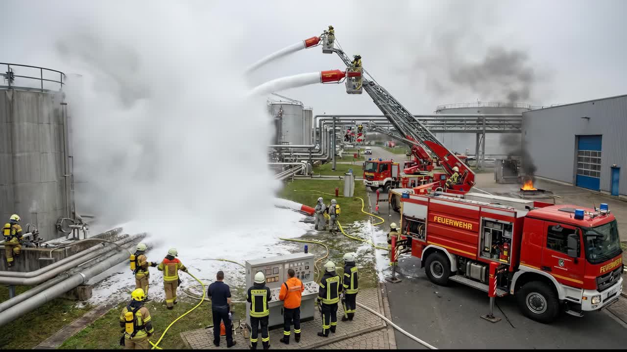 Vigili del fuoco che spengono un incendio industriale con schiuma e autoscala