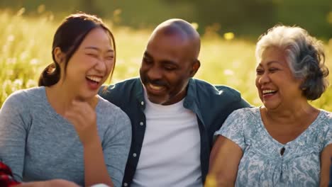 a joyful gathering of generations: laughter and love shared among family members in a beautiful sunny meadow setting