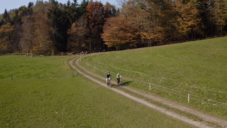 Dos-Ciclistas-Disfrutando-De-Unas-Vacaciones-En-Bicicleta-En-El-Campo-En-Otoño,-Aéreo