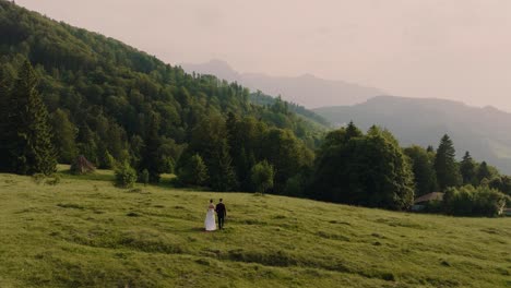 Bride-and-groom,-dressed-in-white-dress-and-black-suit,-holding-hands-walking-towards-green-forest-and-distant-mountains