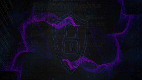 Animation-of-wave-patterns-over-computer-language-against-padlock-in-shield-on-abstract-background