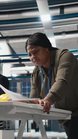 vertical video african american technician reading documents in the manufacturing plant