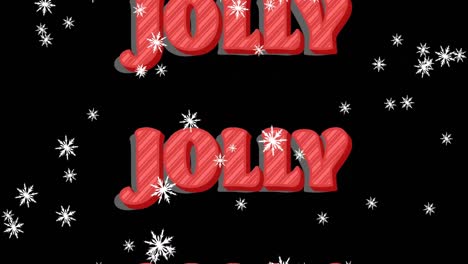 animation of jolly text in repetition at christmas and snow falling on black background