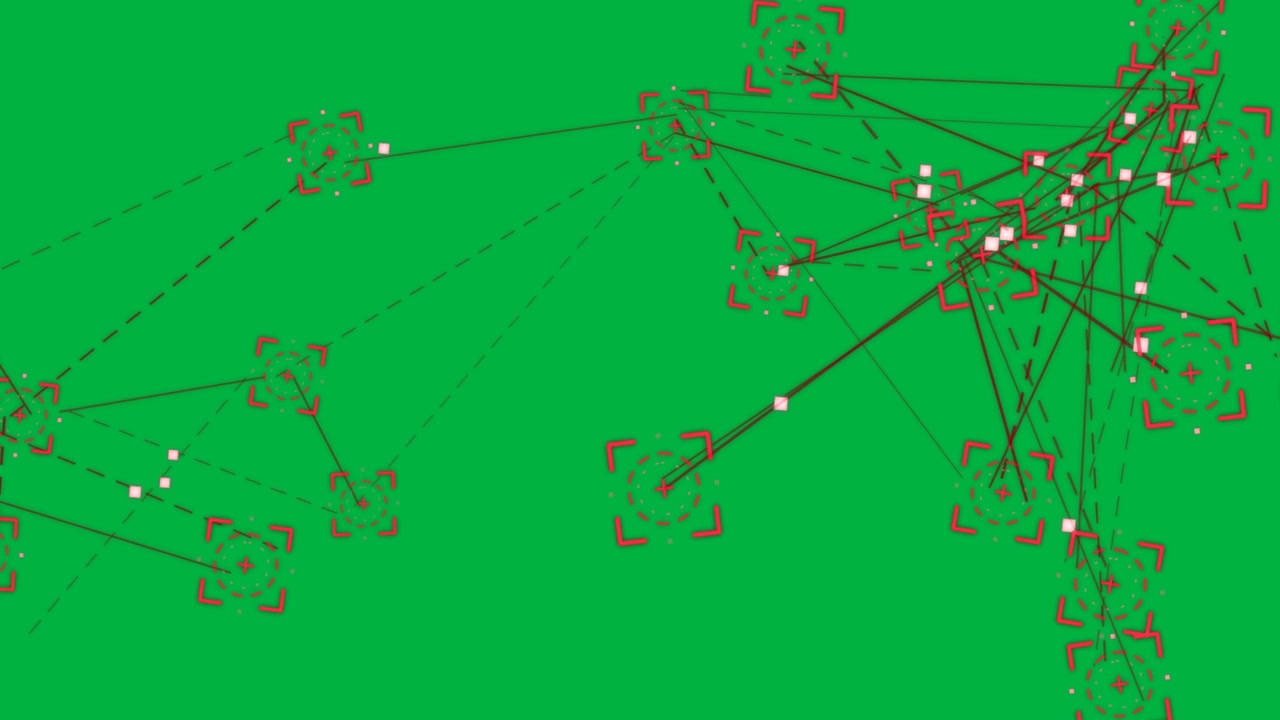 Left markers starting motion along links, red network forming dense right hub on transparent black