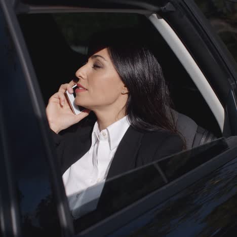 serious young executive on phone in limousine