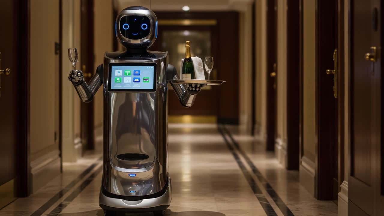 A Friendly Service Robot Delivers Champagne and Snacks in a Luxurious Hotel Hallway, Showcasing Advanced Technology and Hospitality Innovations
