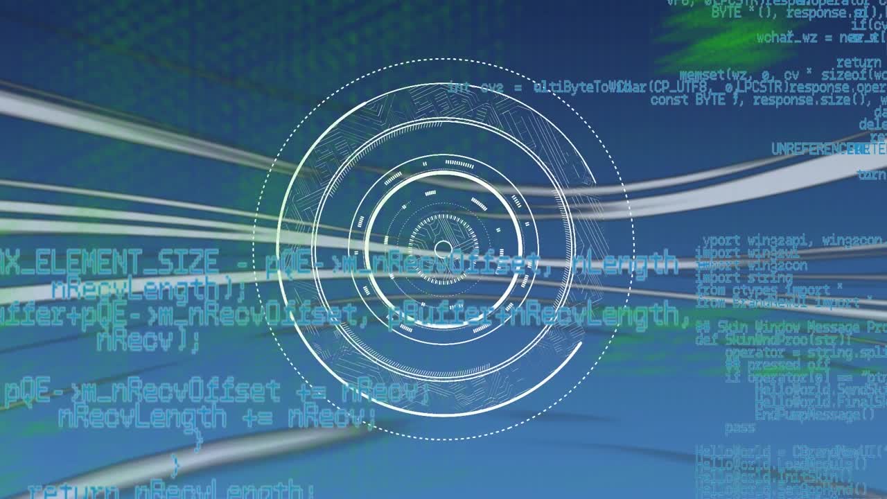 Animation of round scanner and data processing over grid network against blue background