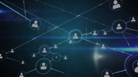 digital animation of network of profile icons against light trails on blue background