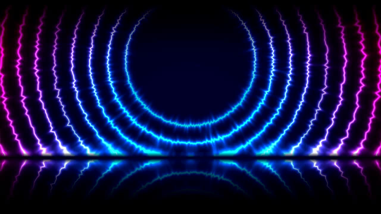 Animazione video tecnologica con cerchi elettrici al neon blu e viola.