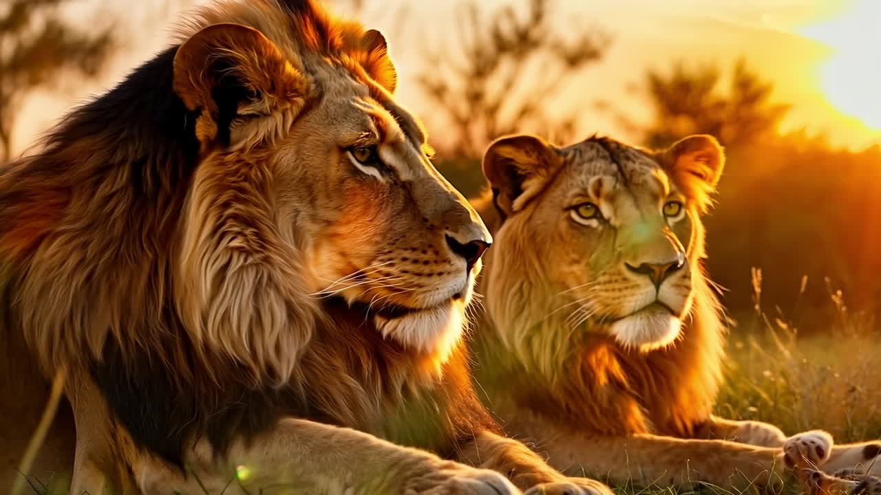 un par de leones sobre un exuberante campo verde