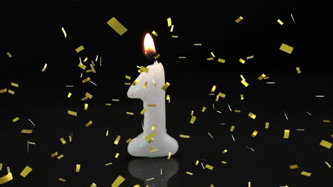confeti dorado cayendo sobre el número uno de cumpleaños quemando vela contra un fondo negro